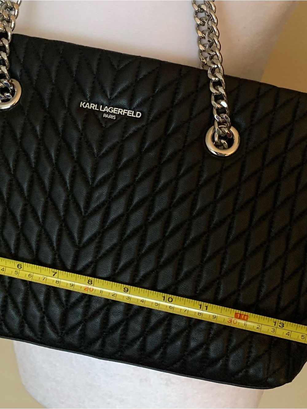 Karl Lagerfeld Black Quilted Chevron Tote with Chain Straps - Picture 6 of 16